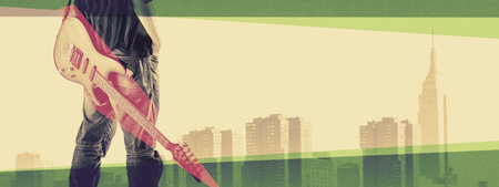 Cool rockstar with electric guitar and city skyline in the background, concert and live performance banner with copy spaceの写真素材