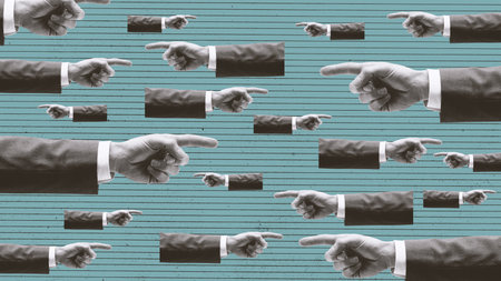 Businessman hands pointing finger in all directions: business opportunities and leadership concept, vintage style backgroundの写真素材