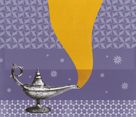 Magical genie's lamp fulfilling your wishes, vintage collage design with copy space