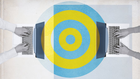 Business people working with laptops and sharing data, technology and communications concept, vintage collage posterの写真素材