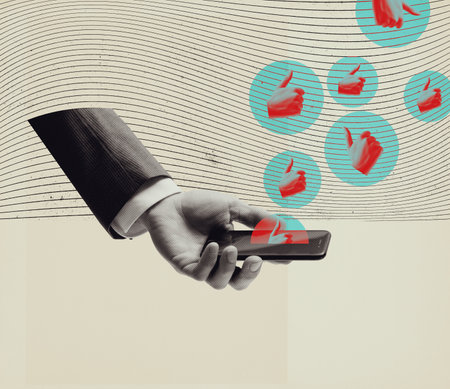 User holding a smartphone and receiving many likes, business and social media concept, vintage collage designの写真素材