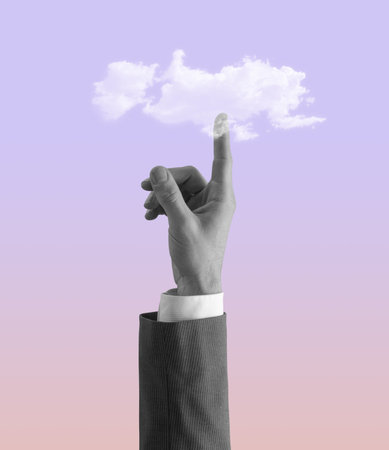 Businessman hand pointing up at the sky and touching a cloud, vintage style design