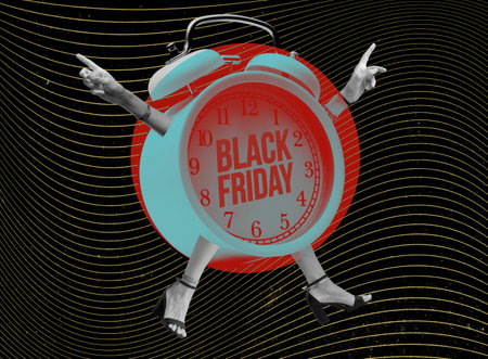 Black Friday sale advertisement with happy female alarm clock character, vintage style collageの写真素材