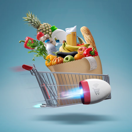 Fast rocket-propelled shopping cart flying and delivering fresh groceries, online grocery shopping and express delivery conceptの写真素材