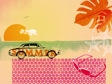Summer vacations retro style collage with vintage car and beach