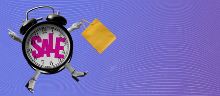 Shopping and sales advertisement with funny vintage alarm clock character doing shopping