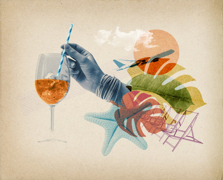 Summer vacations vintage collage art poster: woman having a cocktail and beach itemsの写真素材