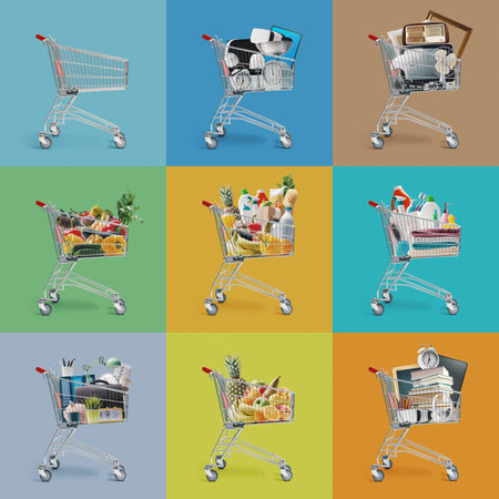 Collage of shopping carts filled with different kinds products, sale and retail conceptの写真素材