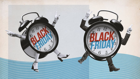 Black Friday sale advertisement with funny cheerful alarm clock characters, vintage style collage