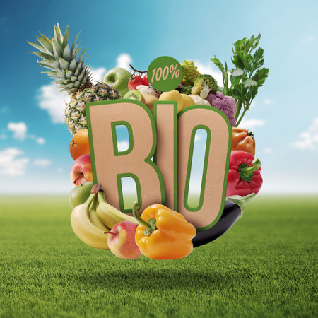 Organic fresh vegetables promotional sign, healthy eating conceptの写真素材