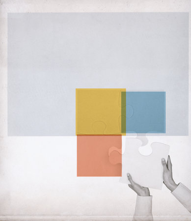 Business person solving a jigsaw puzzle, business solutions and management concept, vintage poster designの写真素材
