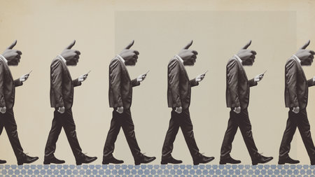 Distracted conformist people with thumbs up in place of their head, they are staring at smartphone screen and walking on line: social media addiction concept, vintage collage designの写真素材