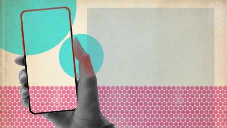 Vintage style creative collage: female hand holding a smartphone with blank screen