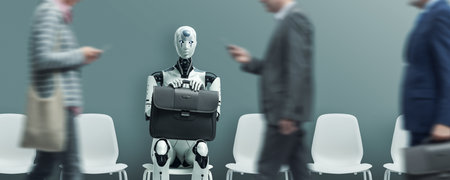 Business people and humanoid AI robot sitting and waiting for a job interview: AI vs human...
