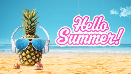 Funny pineapple with headphones having fun at the beach and hello summer sign hanging