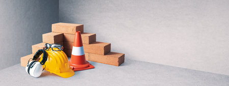 Manual worker tools, safety equipment and bricks: contractors and construction workers conceptの写真素材