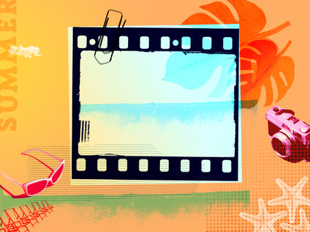 Retro summer vacation poster with film strip and copy spaceの写真素材