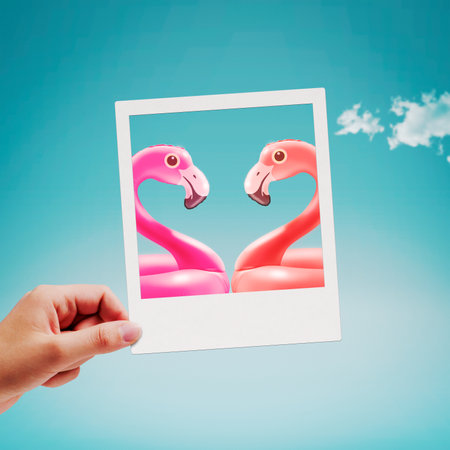 Hand holding a vintage instant photo with two inflatable flamingos, summer vacations and romance...