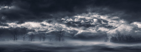 Horror background: dark night sky with clouds, fog and dry treesの写真素材