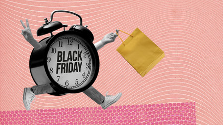 Black Friday sale advertisement with funny vintage alarm clock character holding a shopping bag and running, vintage style collageの写真素材