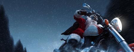 Cool Santa Claus biker riding a fast motorcycle, unconventional Christmas conceptの写真素材
