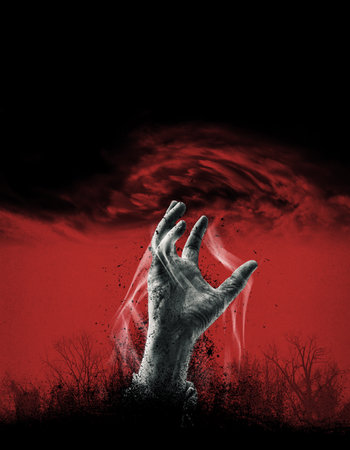 Scary zombie hand coming out of the ground, creative poster with copy space