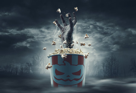 Scary zombie hand coming out of a popcorn bucket: horror movies and Halloween conceptの写真素材