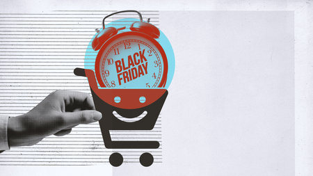 Customer holding a shopping cart icon with alarm clock inside: online shopping and Black Friday sale conceptの写真素材