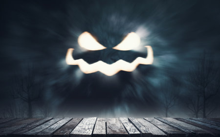 Halloween poster background with Jack-o'-lantern face in the sky and wooden dockの写真素材