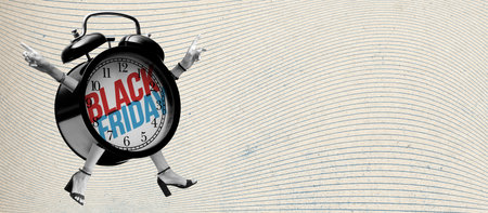 Black Friday sale advertisement with happy female alarm clock character, vintage style collage