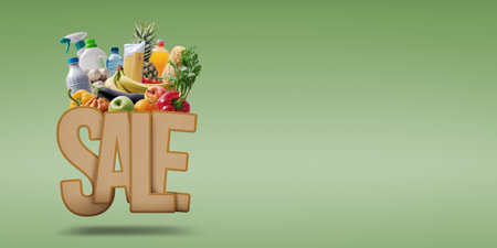 Grocery items, food and detergents on sale, supermarket promotional signの写真素材