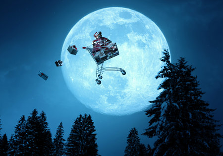Magical shopping cart full of gifts flying in the night sky on Christmas eveの写真素材