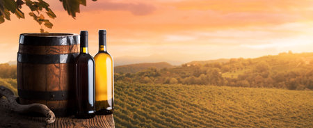 Still life with wine bottles and wooden barrel, view of the vineyard in the background
