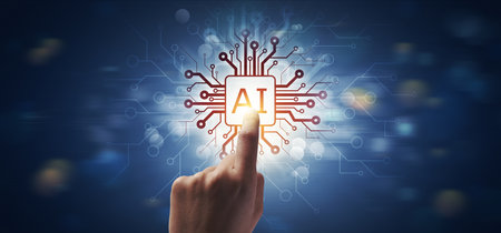 Human hand touching an AI chip, Artificial Intelligence background