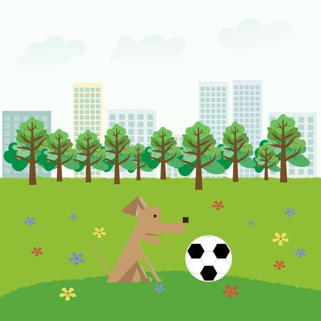 A dog plays with a ball in a city parkのイラスト素材