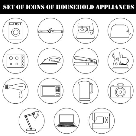 A set of icons of household electric household appliances, made only of black contoursのイラスト素材