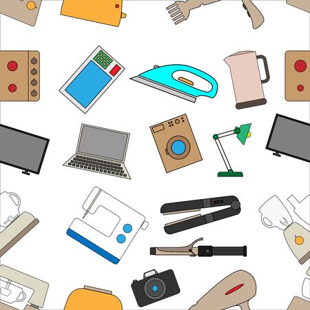 Seamless background from a set of home appliances. Devices made from different colors on a white backgroundのイラスト素材