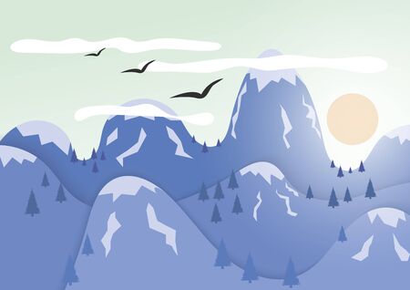 Mountains with ice cap. The sun hides behind the mountains birds fly in the sky.のイラスト素材
