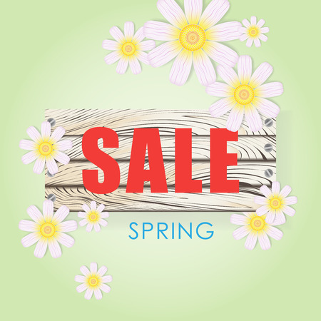 Signboard - sale. Spring expression with flowers on a wooden boardのイラスト素材