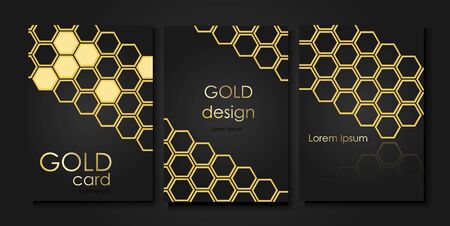 Invitation templates in gold style. Golden honeycombs on a black background.のイラスト素材