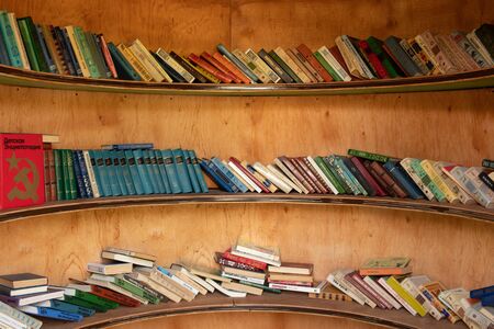 Street library. A large number of books lie on the shelves. Spherical bookcase.