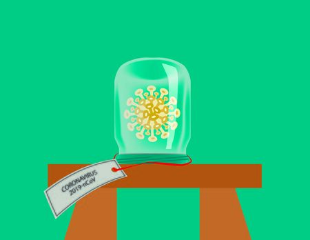 The coronavirus bacterium is covered with a glass jar. Glass jar on the table.のイラスト素材