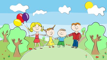 A family of four plays on the street. Parents with children play in the park. Family hold hands.のイラスト素材