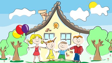 A family of four plays on the street. Parents with children play near their lady. Family hold hands.のイラスト素材