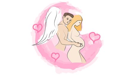 Pregnant girl with a big belly. Naked girl Guardian angel protects the expectant mother.のイラスト素材