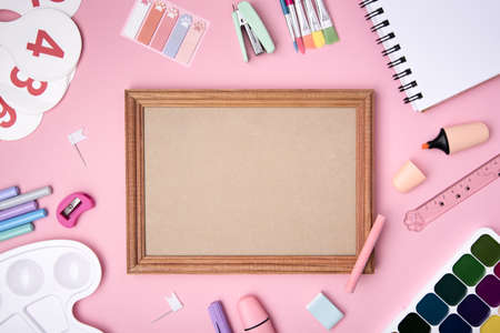 The concept of Back to school. School stationery on a pink background, backgroundの写真素材
