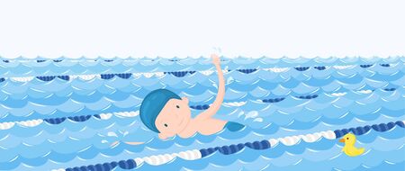Boy swim in the pool with yellow duckのイラスト素材