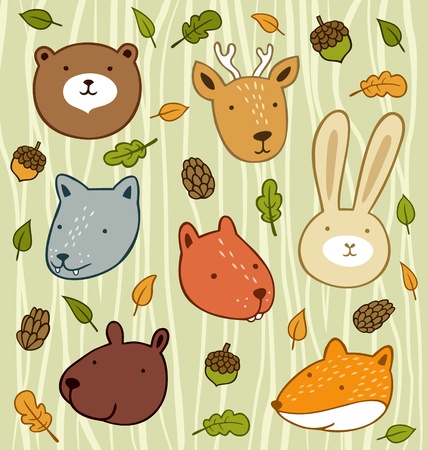 Forest animals set with leaves and acorns isolated on wooden backgroundのイラスト素材