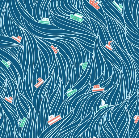 Seamless pattern with waves and ships in vectorのイラスト素材