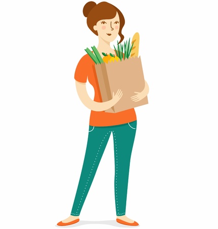 Girl with paper bag shopping groceries のイラスト素材